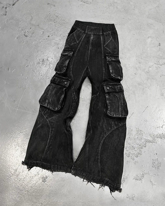 Streetwear New Fashion Old Washing Heavy Industry Big Pocket Black Baggy Jeans Men Y2K Rock Hiphop Dark Casual Wide-leg Trousers