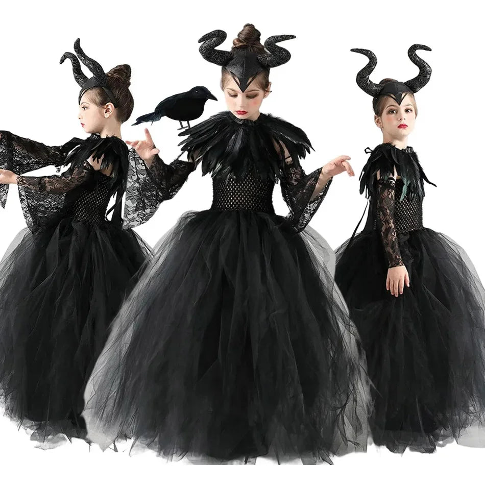 Halloween Costume Maleficent Tutu Dress For Girls Cosplay Evil Queen Black Mesh Princess Dress Kids Crow Wand Maleficent