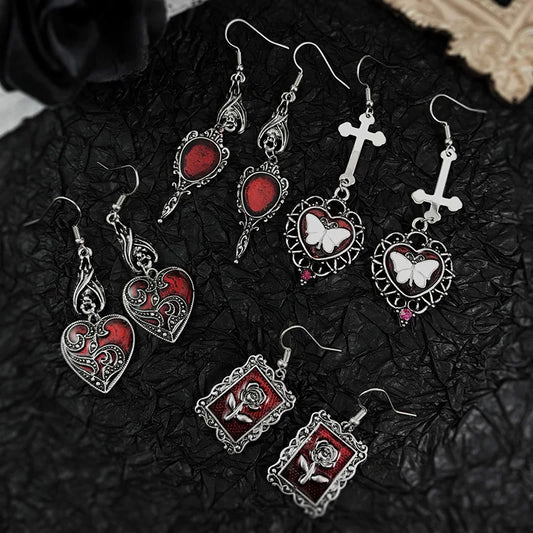 Dark Gothic Lolita Vintage Drop Earrings For Women Bat Butterfly Rose Heart Earring Punk Goth Halloween Masquerade Jewelry