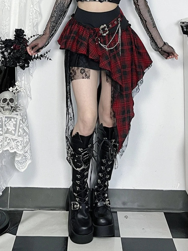 AltGoth Cyber Punk Dark Gothic Skirt Women Streetwear Harajuku Irregular Patchwork Red Plaid Skirt Hotsweet Y2k Clubwear Skirt
