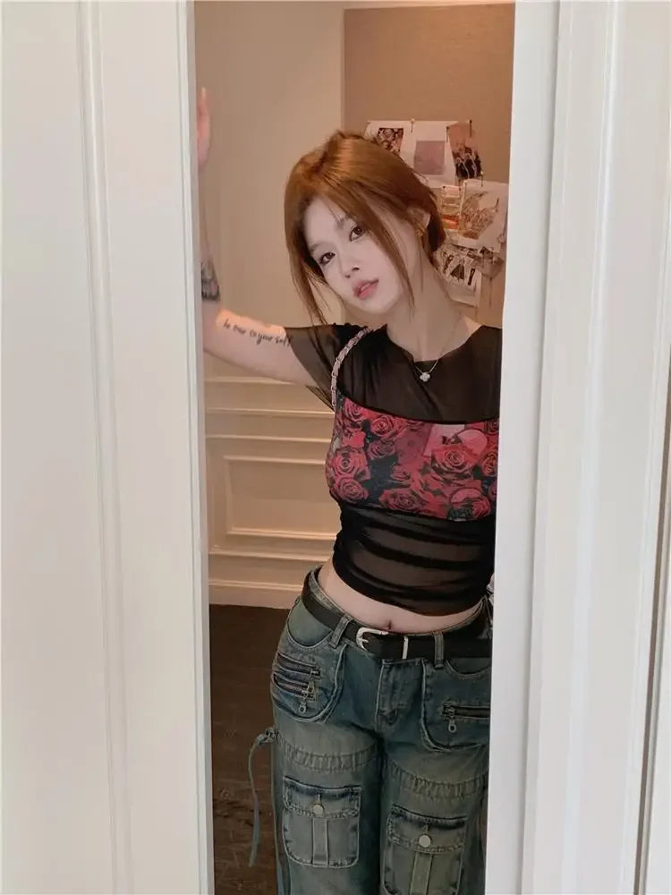 Summer Outfit Woman Tops Sexy Crop T Shirt for Women Y2k Fashion Korea Sale 90s Vintage Polyester Clothes Youthful Harajuku Kpop