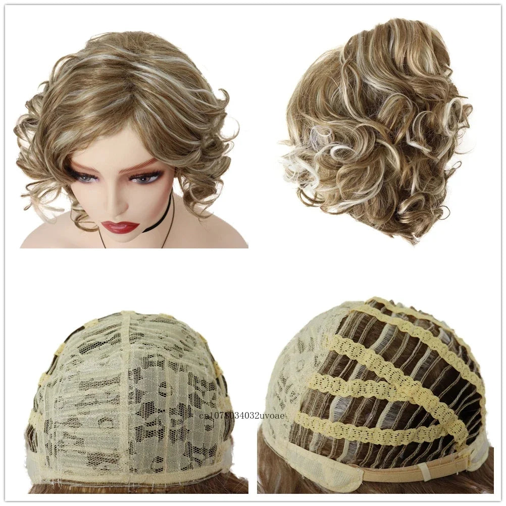 Synthetic Natural Mix Blonde Wig Short Curly Hair for Women Daily Use Layered Wig with Bangs Cancer Patient Wigs Gift Outfits