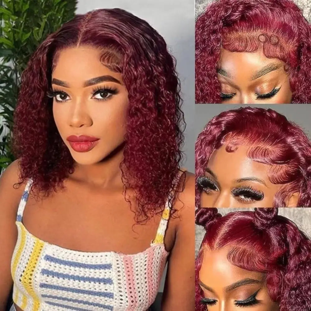 99J Burgundy Bob Deep Wave Lace Front Wigs Human Hair For Women 13x4 HD Lace Frontal Short Curly Bob Wigs Hair Wigs