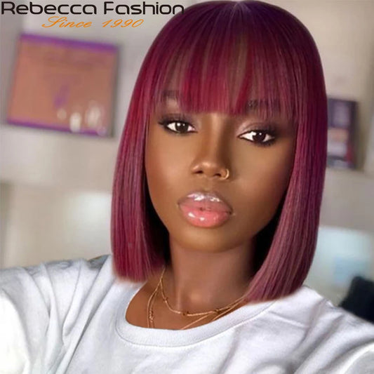 99J Colored Short 180D Colored Short 180D Straight Brazilian Human Hair Bob Wigs with Bangs Remy Full Machine Made for Women