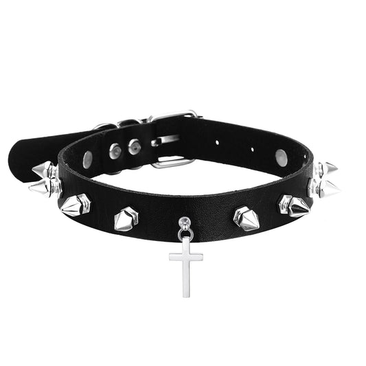 Cross Choker Necklace For Women Girls Goth Spiked Chokers Black Leather Collar Gothic Jewelry Fashion  Accessories