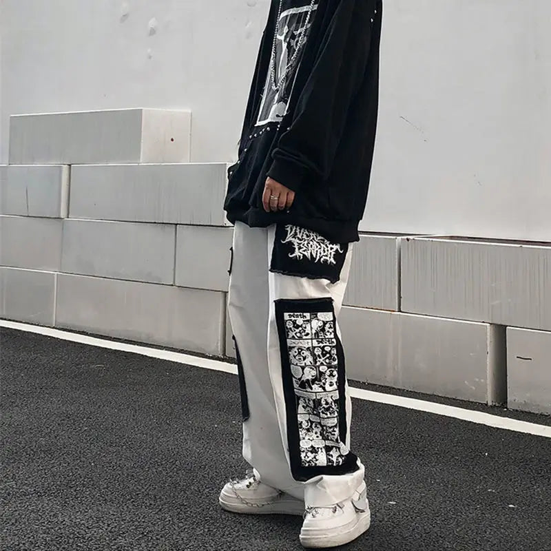 Gothic Punk Cargo Pants Anime Patch Pants for Men Women High Waist Black Trousers Wide-leg Casual Pant Harajuku Y2k Male Bottoms