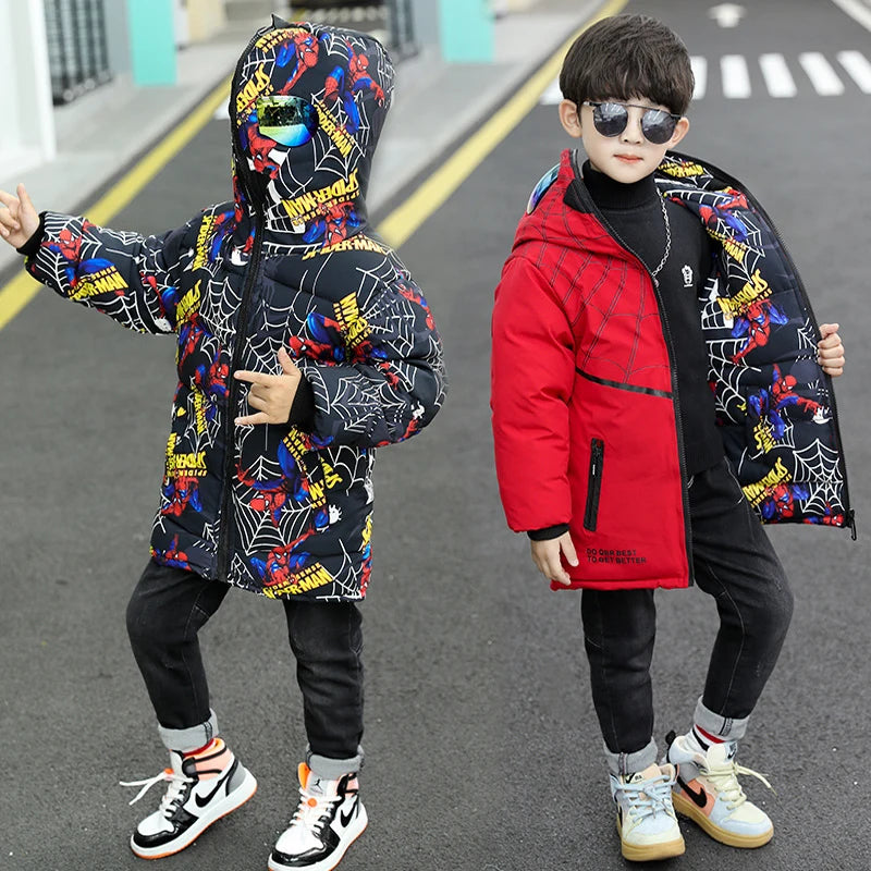 Children Thick Down Hooded Jackets Outerwear Clothes Boys Winter Teenage SpiderMan Long Thicken Warm Cotton-Padded Parka Coats