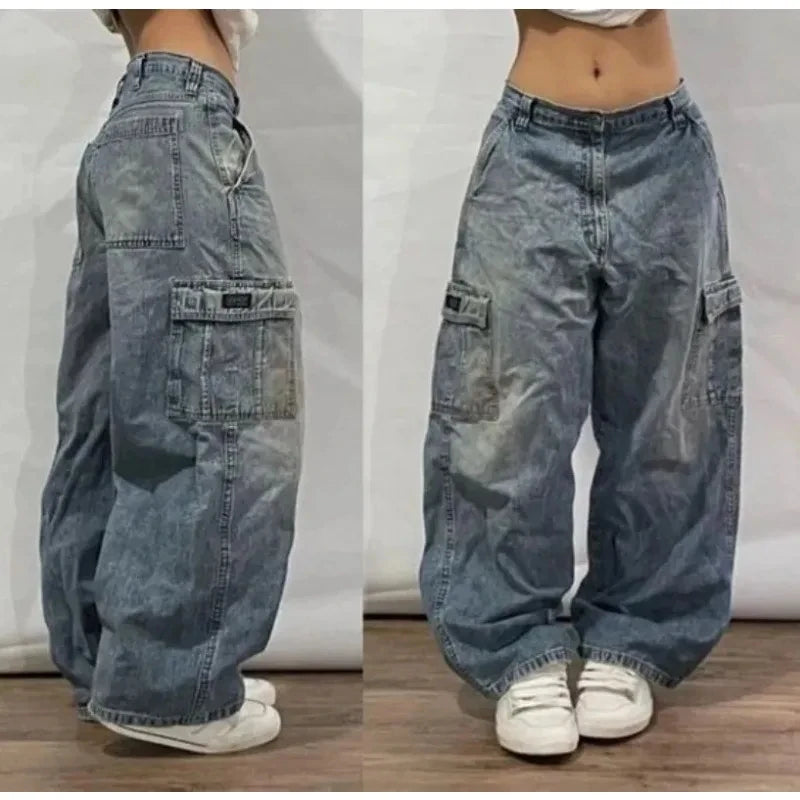 Streetwear New Fashion Old Washing Heavy Industry Big Pocket Black Baggy Jeans Men Y2K Rock Hiphop Dark Casual Wide-leg Trousers
