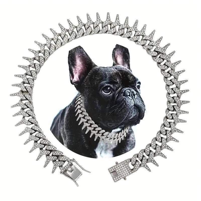 Gold Silver Plated Spike Cuban Link Dog Chain Necklace, With Design Secure Buckle, Diamond Cuban Link Chains Jewelry for dogs