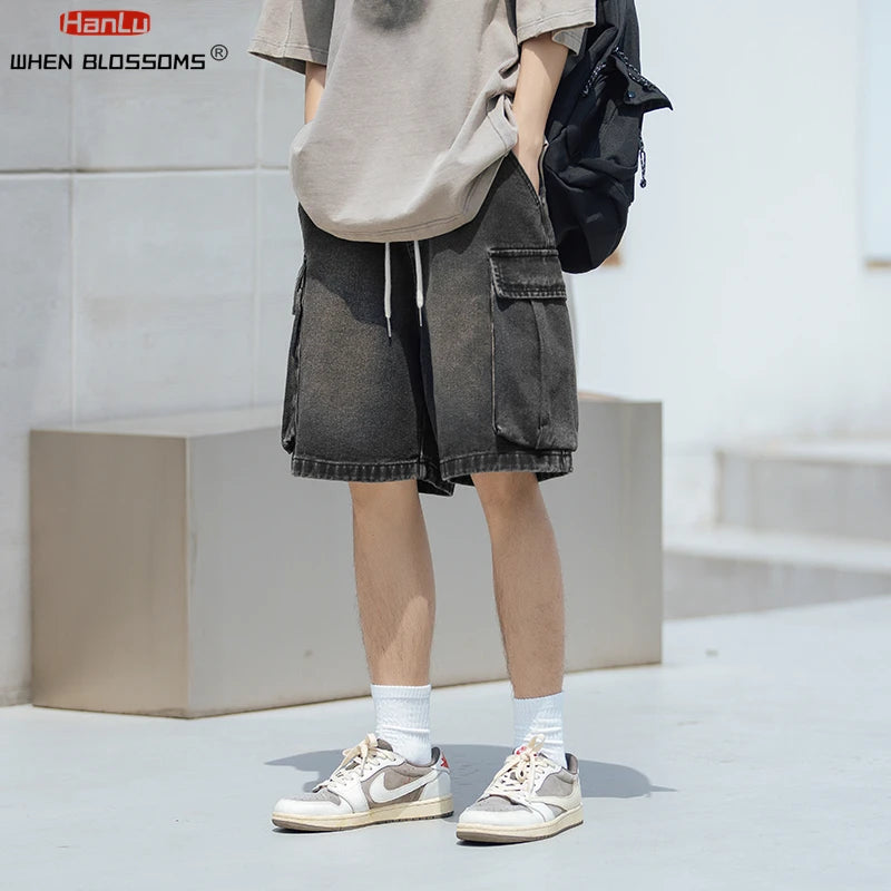 2024 Summer New Men's Cargo Jean Shorts Korean Street fashion large pocket Denim Shorts Knee Length Wide Leg Shorts Y2K Clothing