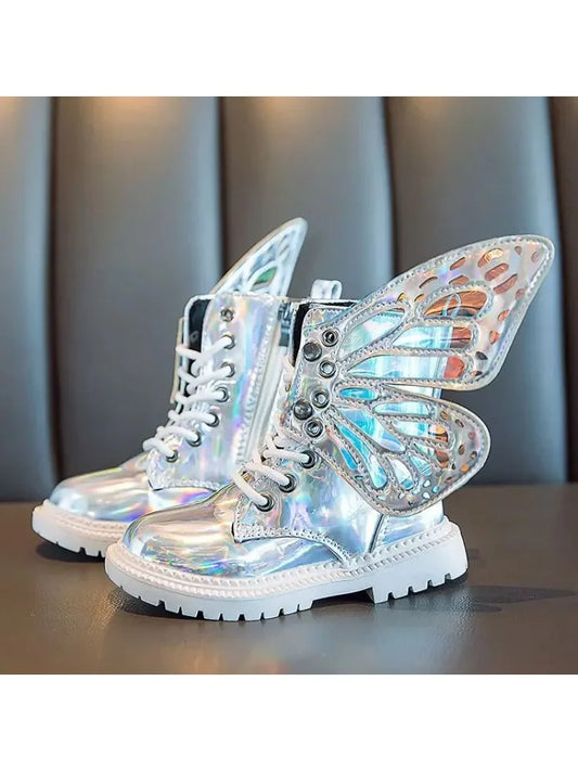 Children's Fashion Boots 2023 Spring New Girls Martin Boots Colorful Butterfly-knot Wings Mid-calf High Shoes Princess Boots