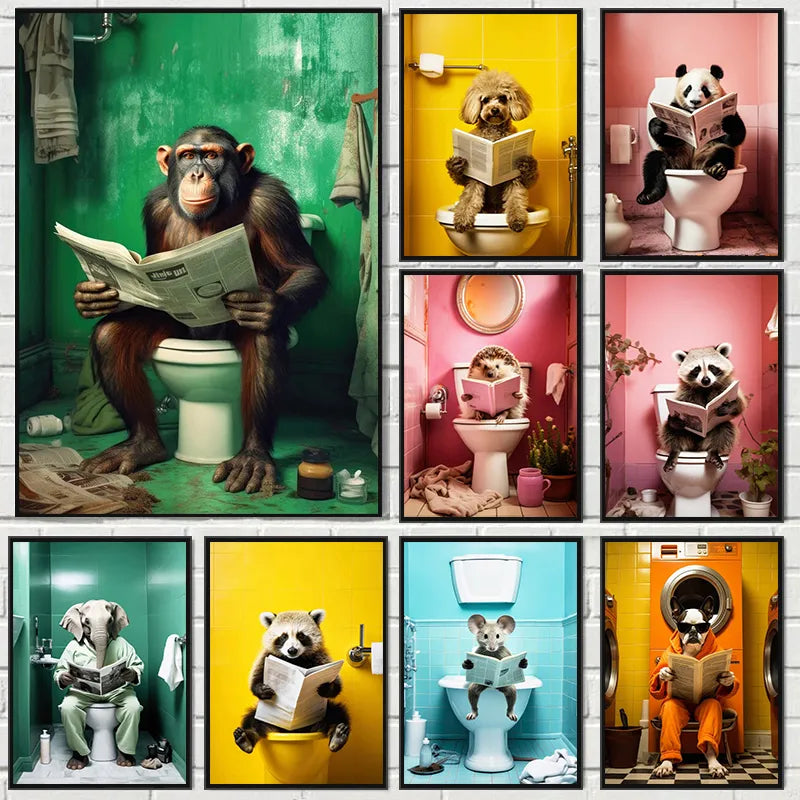 Chimpanzee Elephant Panda Animal Posters Print Funny Art Wall Picture Canvas Painting for Bathroom Toilet Room Home Decor Gift