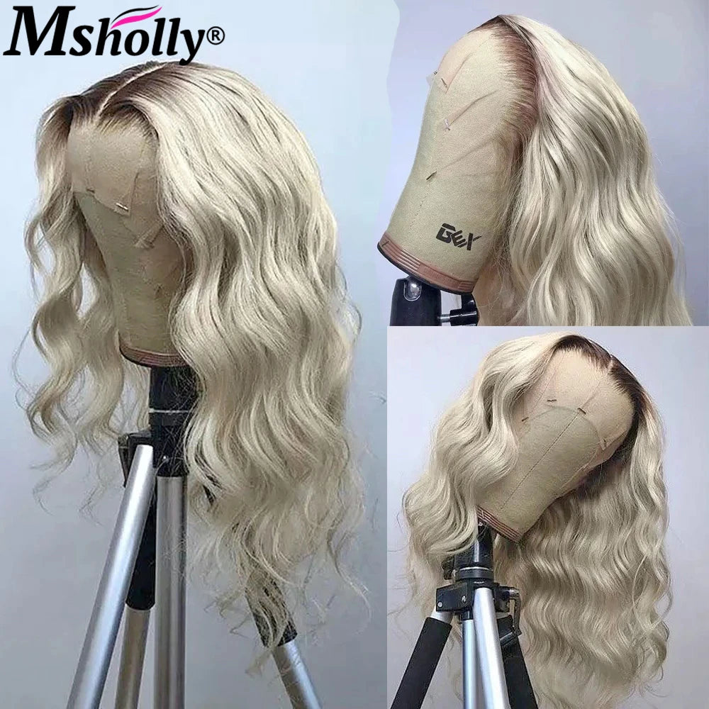 Highlight Platinum Blonde Body Wave Lace Front Human Hair Wigs With Dark Roots Pre Plucked 180% Density Free Part Wig Human Hair