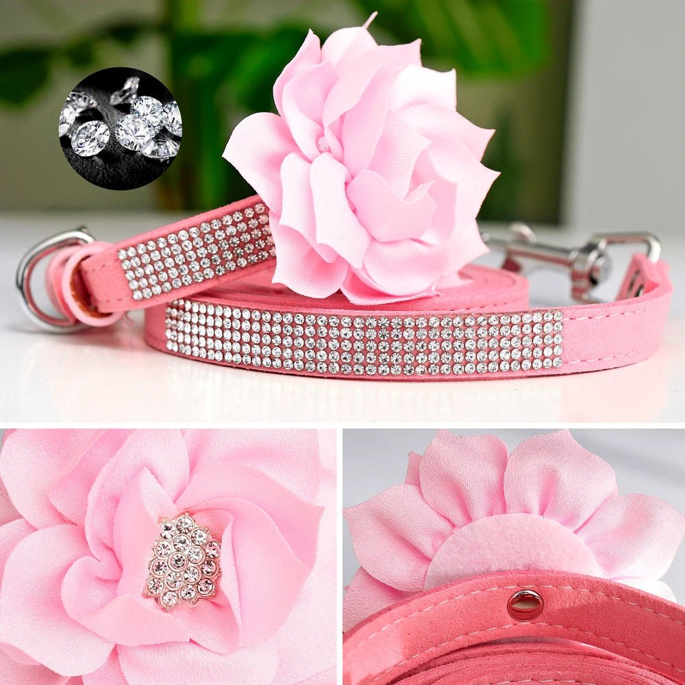 Glitter Rhinestone Dog Leather Collar Cute Floral Necklace Pet 120cm Walking Leash for Small Medium Large Dogs Chihuahua XS-L