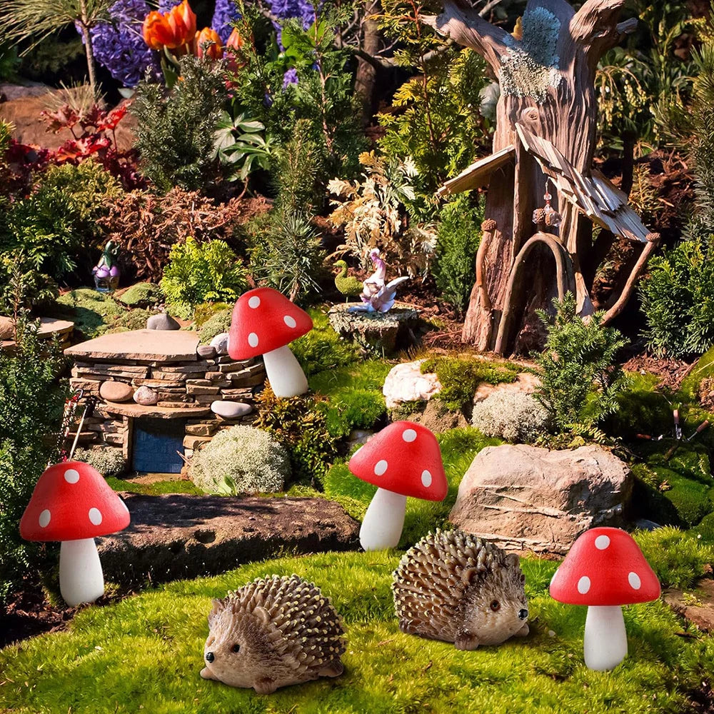 Outdoor Fairy Wild Garden Resin Hedgehogs and Wood Mushroom Accessories Miniature Garden for Plant Bonsai Craft Decor Supplies