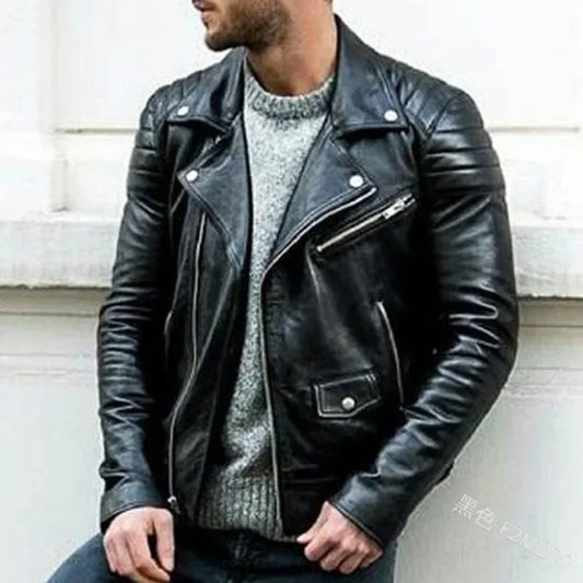 Mandylandy Men PU Leather Coat Teen Stand Collar Punk Male Motorcycle Leather Jackets Faux Leather Zipper Autumn Handsome Coats