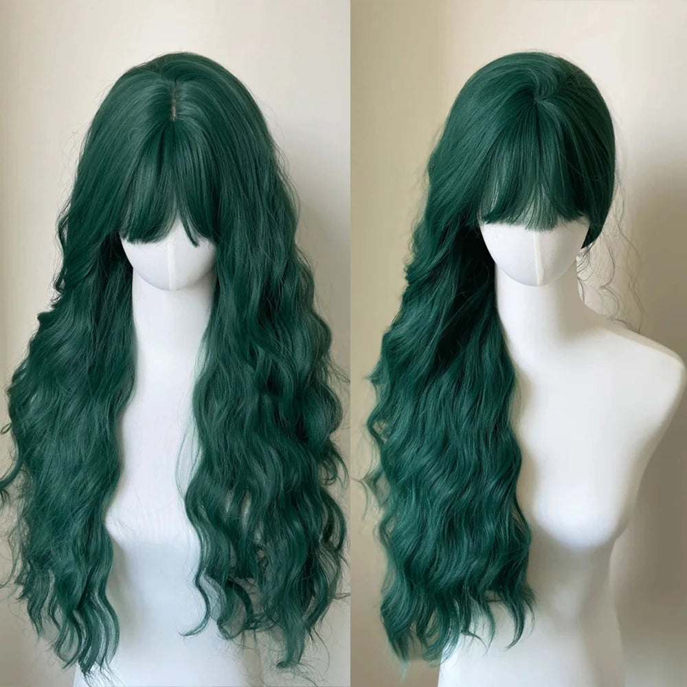 Light Green Long Wavy Synthetic Wigs with Bangs Blackish Green Cosplay Wig for Women Lolita Wig Heat Resistant Natural Hair