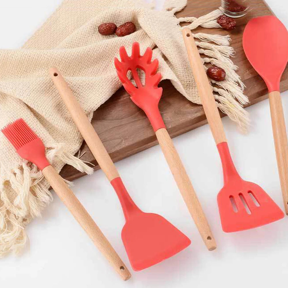 Food Grade Non-stick Silicone Kitchen Cooking Utensils Turner Spatula Spoon Wooden Handle Practical Cooking Tool Kitchenware