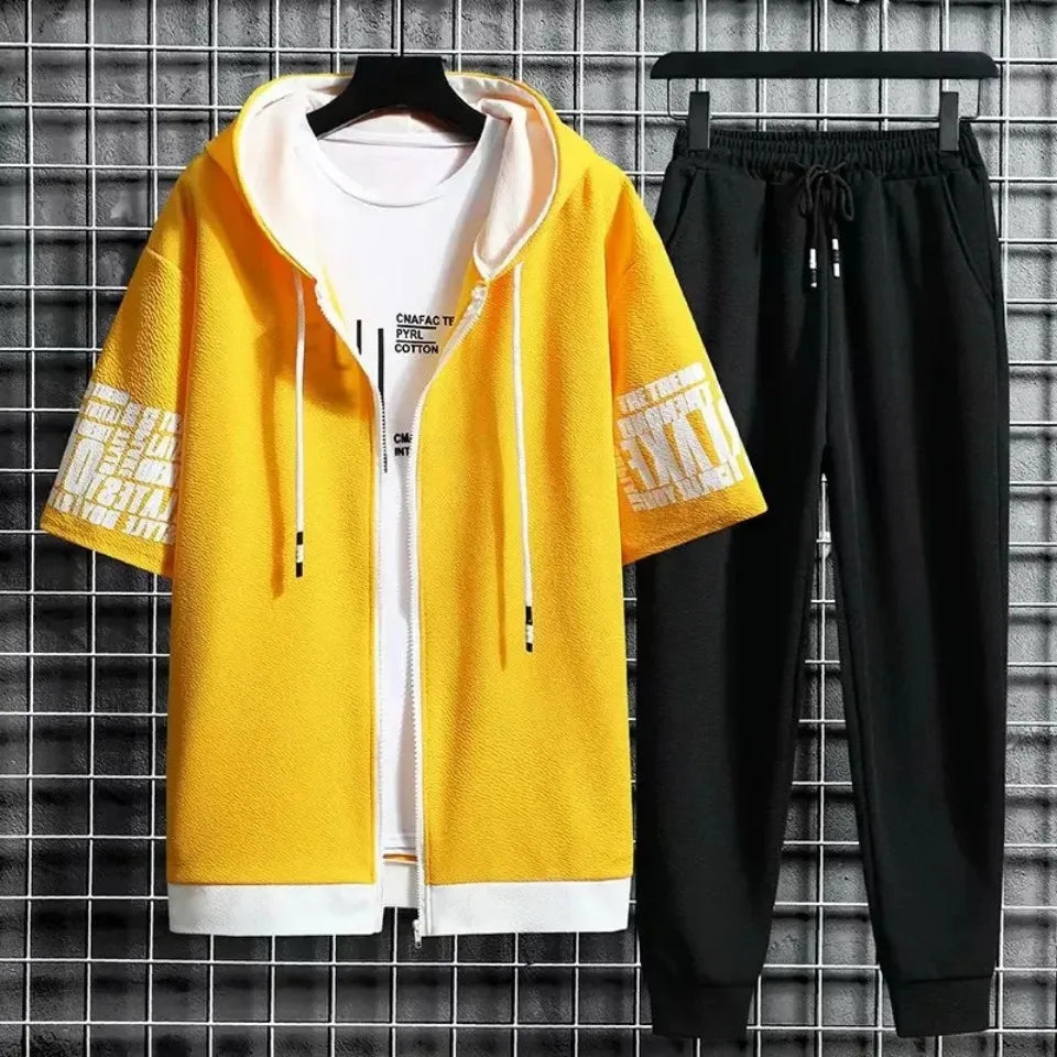 Set for Men Summer Men's Sports Suit 2-piece Print T-shirt Casual Hooded Quick Dry Running Long Pant Clothes Short Sleeve Shorts