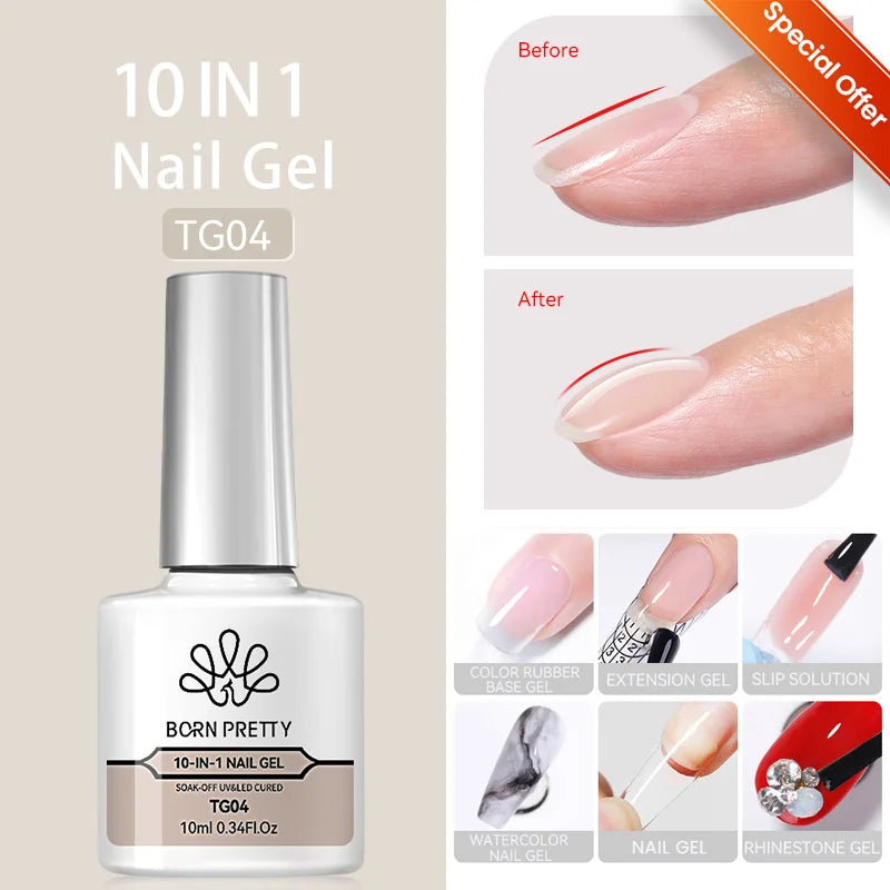 BORN PRETTY 10ML 8-in-1 Strong Nail Glue Gel Nail Polish Transparent Clear Function Gel Thickness Rubber Base Rhinestone Glue