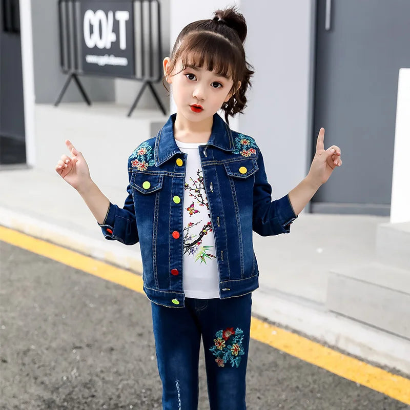 Children Girls Autumn Spring Clothing Set Baby Kids Embroidered Clothing Sets Fashion Denim jacket + Jean pant 2 pcs Suit Set