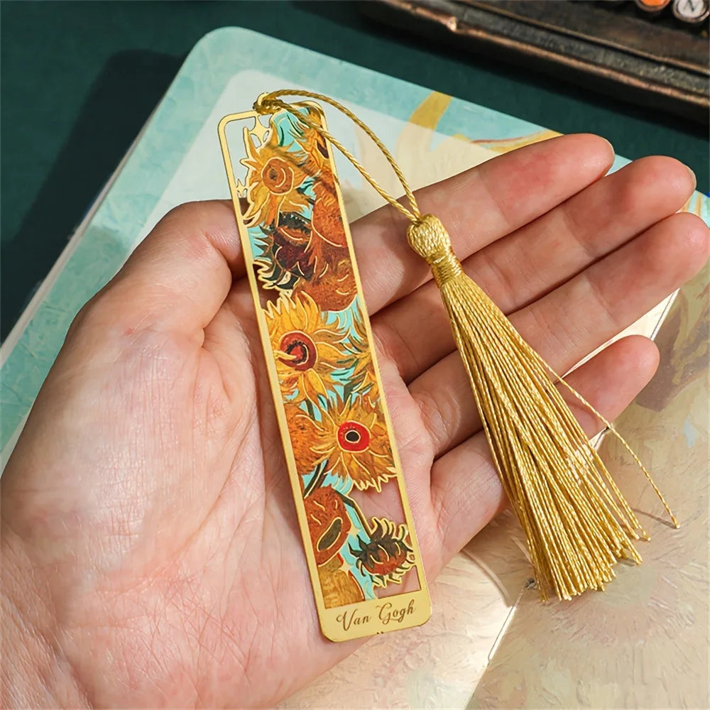 4 Colors Metal Sunflower Hollow Bookmark Chinese Style Creative Painted Book Holder Tassel Pendant School Stationery Supplies