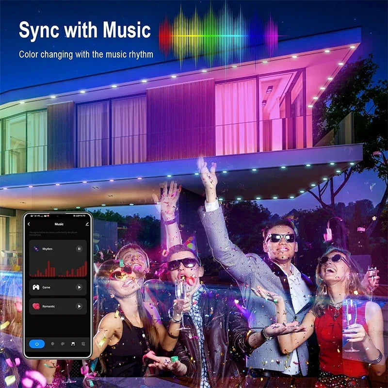 Permanent Outdoor Lights RGBIC Smart Eaves LED Light Bluetooth DIY Waterproof Music Sync Timer Strings for Party Holiday Decor