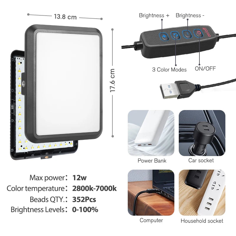 LED Video Light Kit USB Photography Studio Lighting with Desk Arm Tripod Stand for Live Streaming Video Recording Makeup