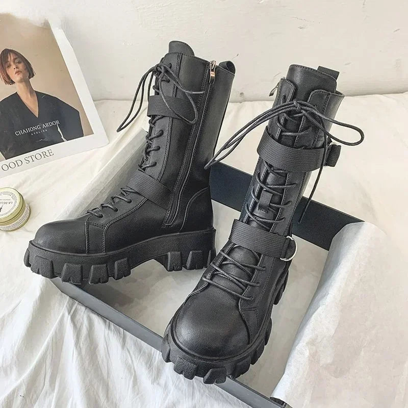 Woman Boots 2024 New Lace-Up Platform Shoes Elegant Trend Punk Gothic Rock Leather Fashion Motorcycle Women's Shoes Plus size 43