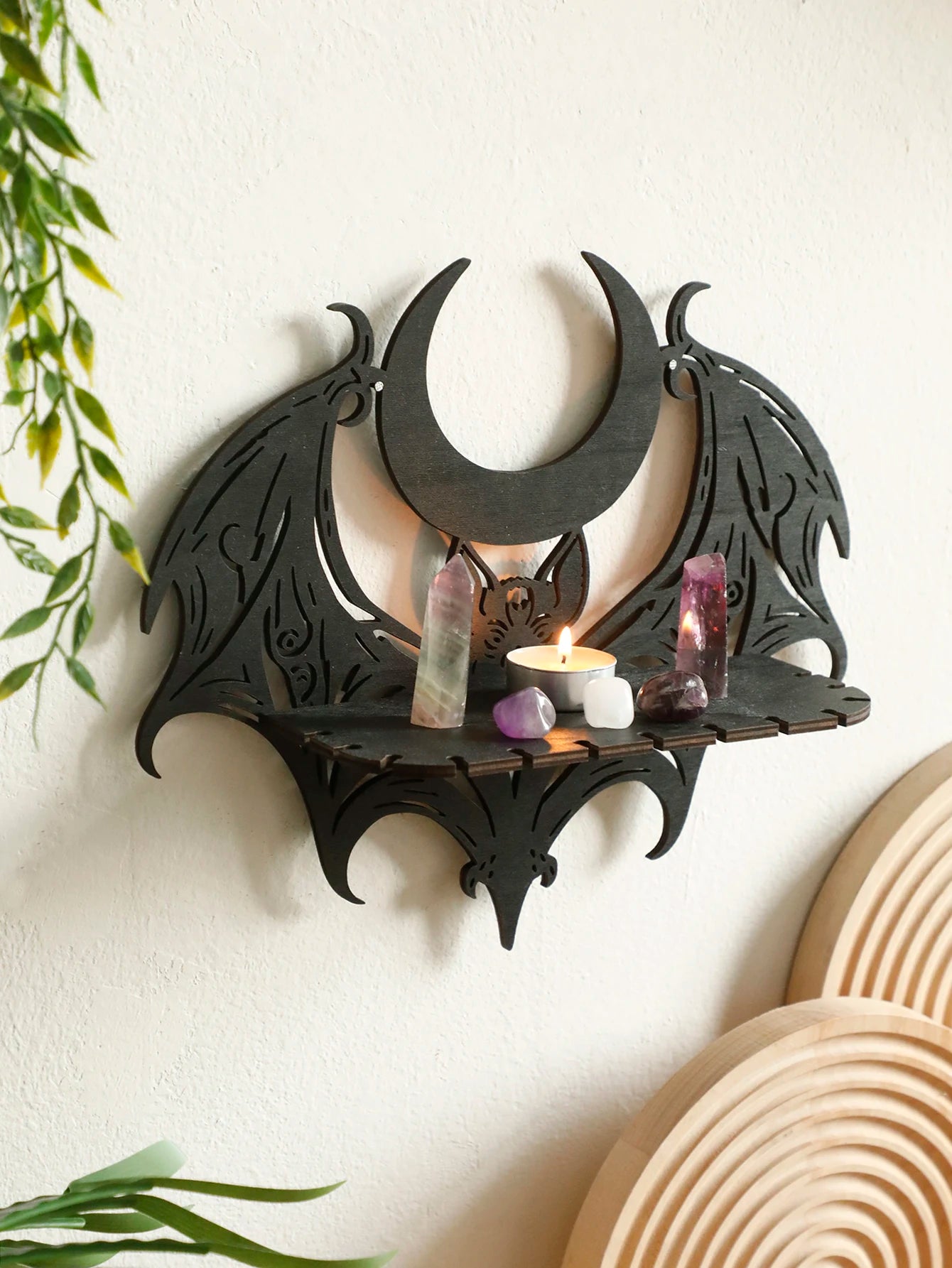 Halloween Black Wooden Wall Shelf Gothic Bat Moon Hollow Pattern Floating Shelf Crystal Holder Goth Home Decor Witch Room Decor