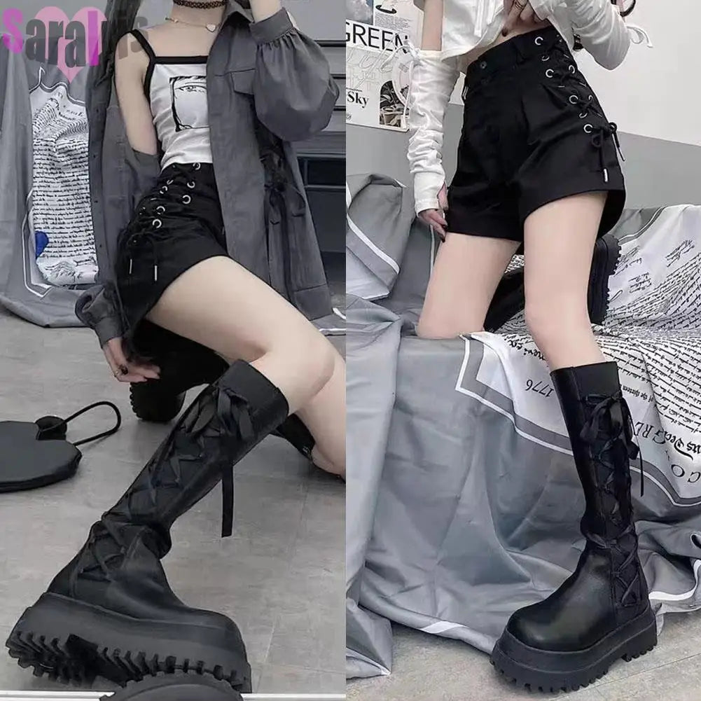 Brand New 2023 Design Women Mid Calf Boots Platform Goth Street Chunky Heeels Punk INS Hot Long Boots Black Trendy Shoes Woman