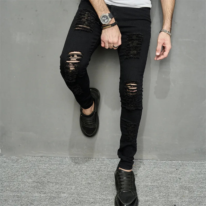 Men Jeans Ankle Length Hole Vintage Ripped Pencil Pants Denim Skinny Pockets Distressed Slim Moto Biker Solid Washed 2024