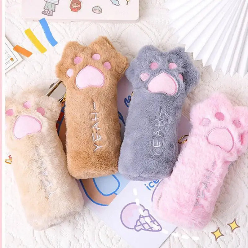 1Pcs Cute Fluffy Cat Paw Pencil Bags Cartoon Plush Pen Case School Office Supplies Stationery Makeup Pouch Cosmetics Holder Gift