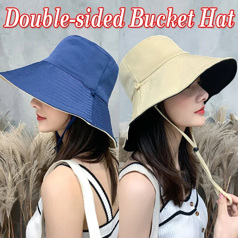 Double-sided Foldable Bucket Hats For Women Fashion Big Brim Solid Color Fisherman Hat Outdoor Travel Visor Caps Summer Sun Hat