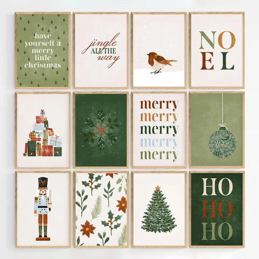 Minimalist Merry Christmas Quotes Nutcracker Tree Stockings Poster Canvas Painting Wall Art Picture Holiday Home Interior Decor