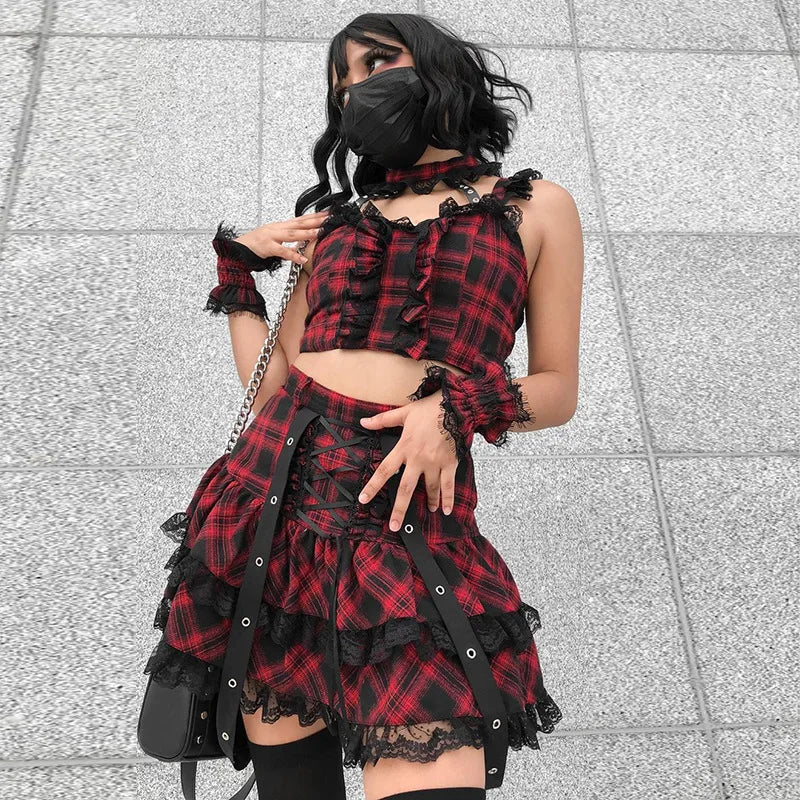 Gothic Harajuku Hot Girl Cake Dress Rock Red Sweet Soft Girl Punk Japanese Lace Plaid Mini Short Skirts Y2k Plaid Skirt