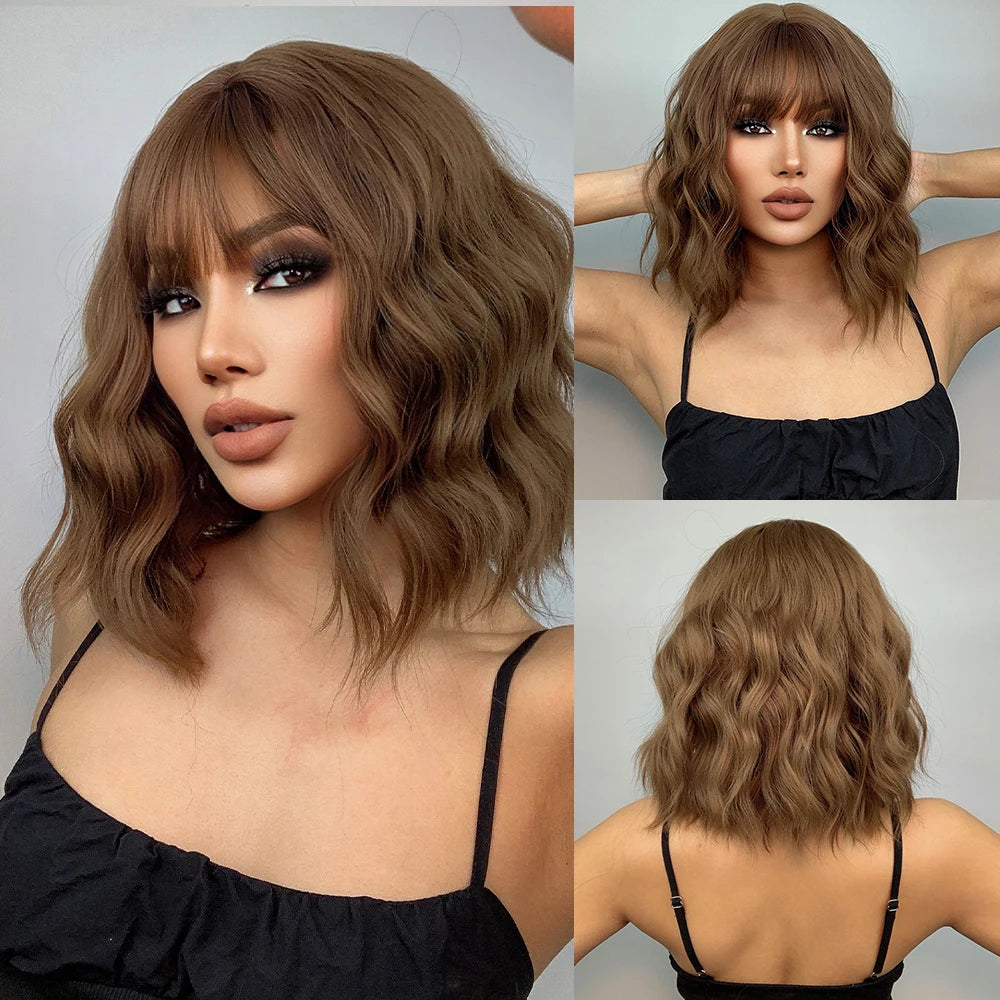 ALAN EATON Auburn Synthetic Wigs with Bangs Short Wavy Wig Red Brown Curly Hair for Party Cosplay Heat Resistant Fiber Wig