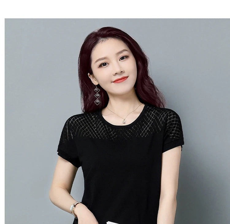 2024 Summer Ladies Knitted Top Short Sleeve Tshirt Hollow Out T Shirt Women Loose Elegant Tee Shirt Femme Casual Clothes T-shirt
