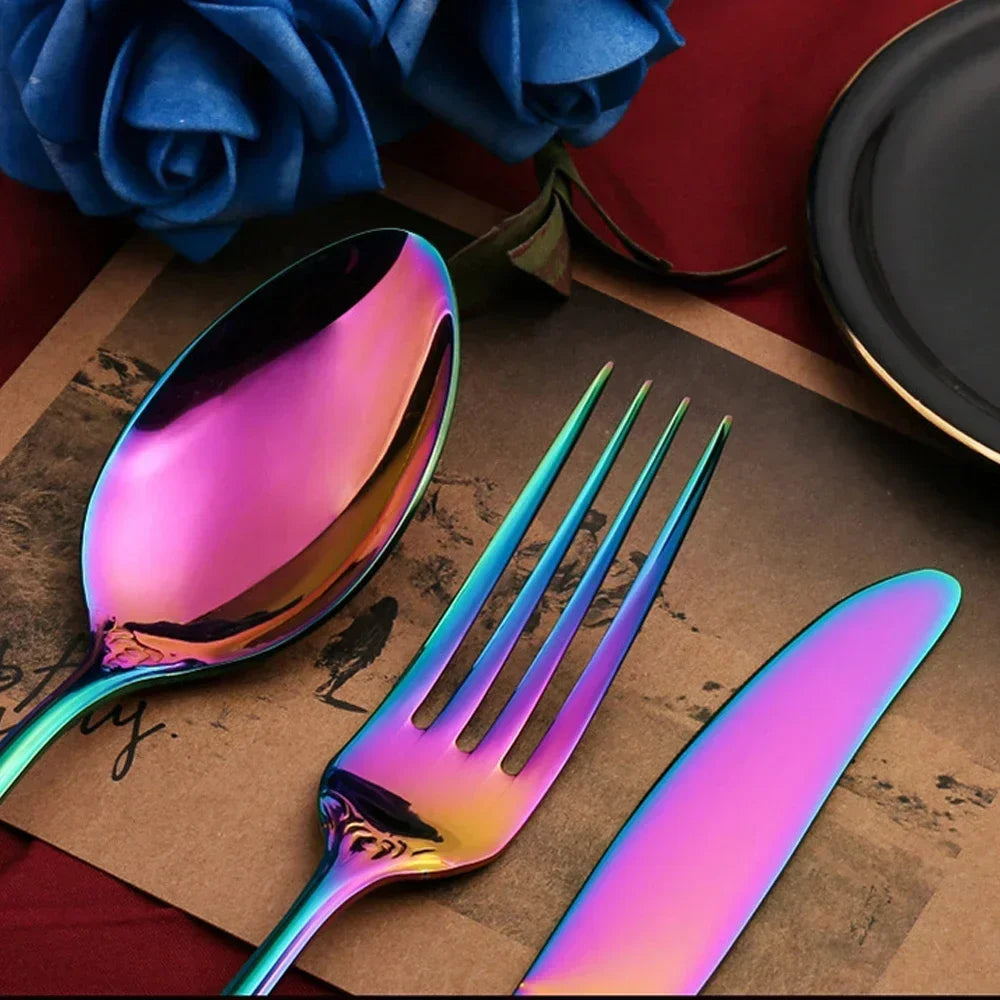 Golden Stainless Steel Cutlery Set Luxury Complete Dinnerware Set Royal Spoon Forks European Gift Box Retro Christmas Tableware