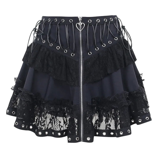 Women's Punk Vintage High Wasit Skirt Zipper Front Japanese Style Kawaii Black Harajuku Gothic Skater Cosplay Mini Skirts