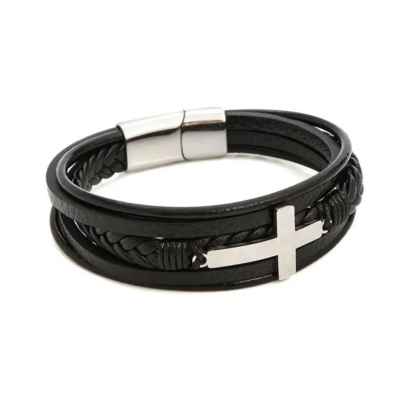 High Quality Cross Stainless Steel Leather Bracelet Charm Magnetic Men Bracelet Genuine Braided Punk Rock Bangles Jewelry Gift