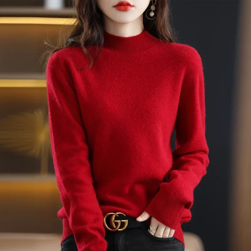 Women Sweater Long Sleeve Mock Neck Warm Winter Basic Knitted Pullovers Solid Loose Knitwear Casual Korean Fashion Jumper 2024