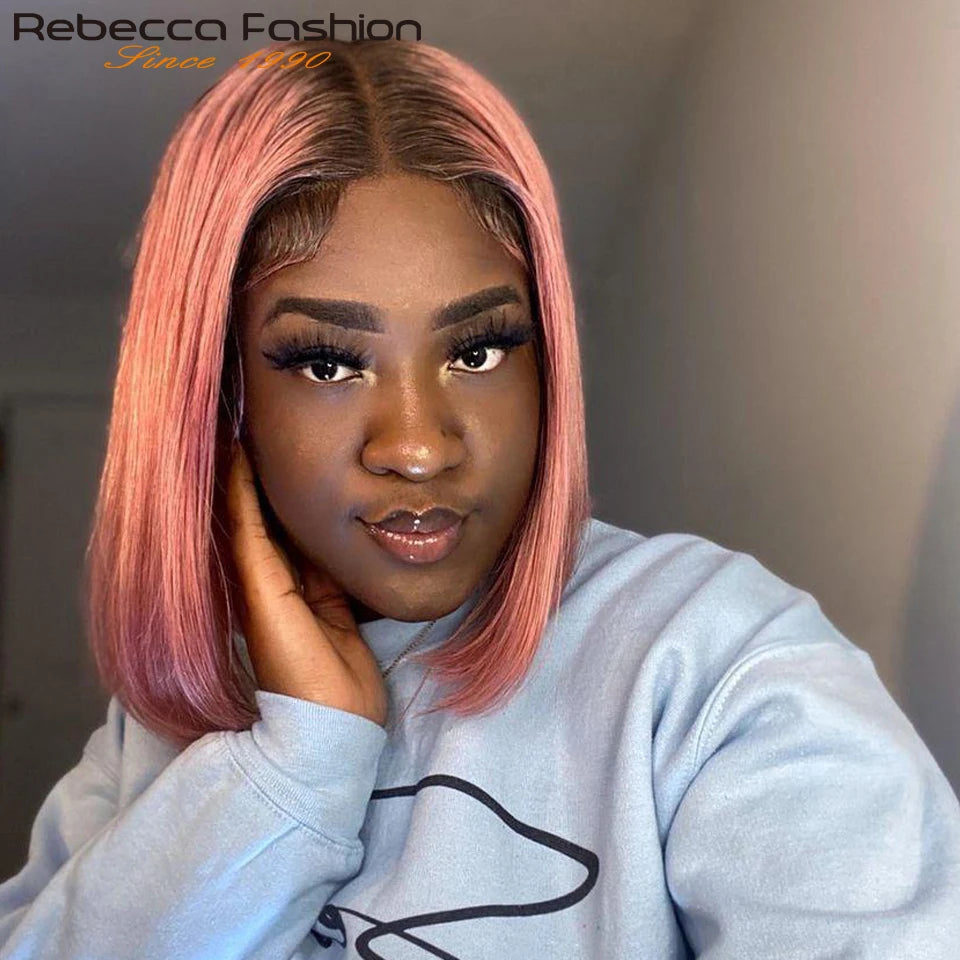 Short Cut Colored Pink Bob T Part Lace Wigs Human Hair Wigs 180D Transparent Ombre Pink Brazilian Straight Lace Front Wigs