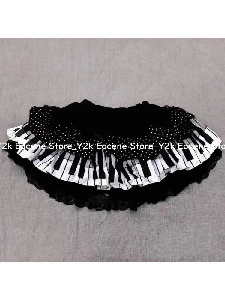 Y2k Dark Gothic Punk Black White Short Skirt Women Hot Chick Y2k Polka Dot Ruffle Cake Skirt Female Cute Chic Lolita Lace Skirts