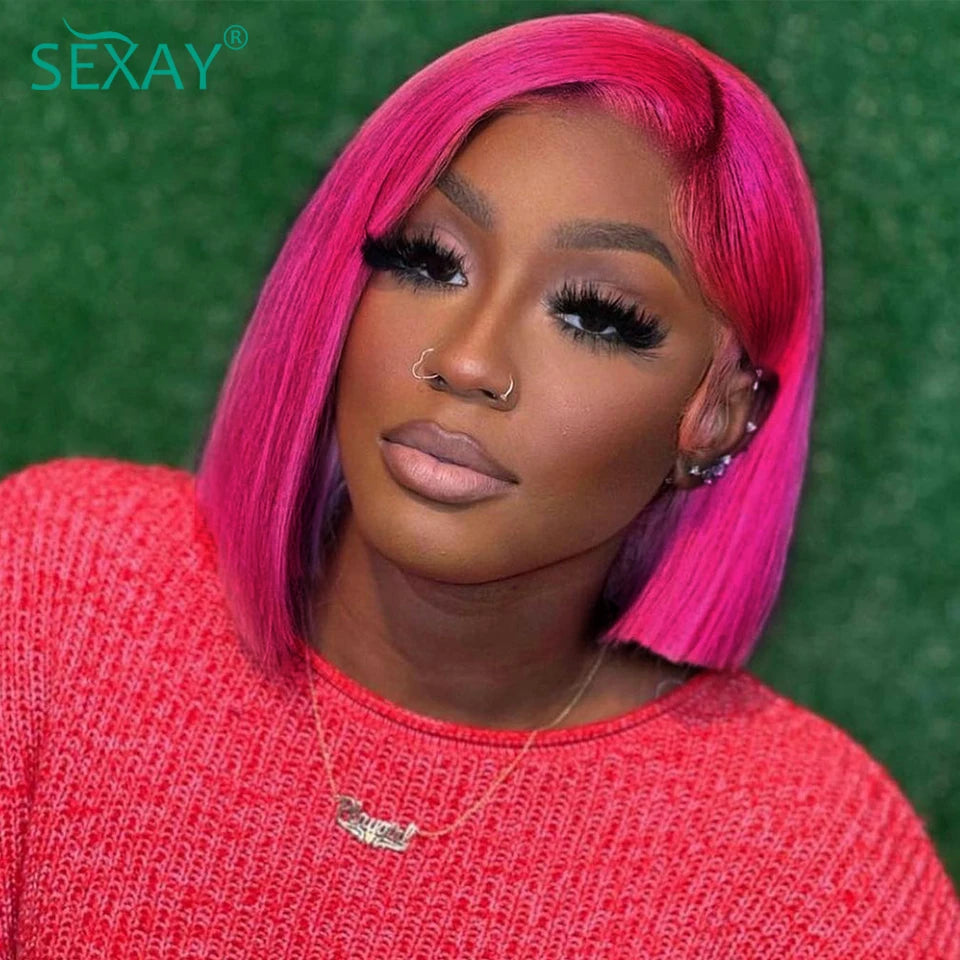 Hot Pink Short Bob Lace Front Wigs Brazilian Human Hair Wigs 13x4 HD Transparent Lace Frontal Wig Colored Double Drawn Bob Wig