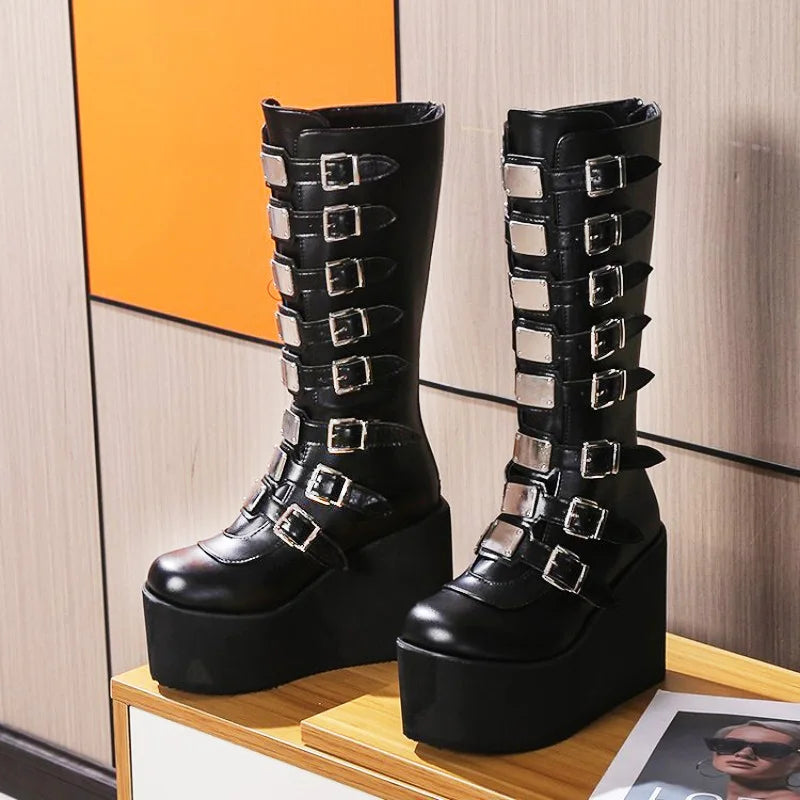 New Women's Cosplay Boots Multi-row Belt Buckle Long Tube Leather Knight Boot Punk Gothic Classic Black High Heel Shoe Knee-High