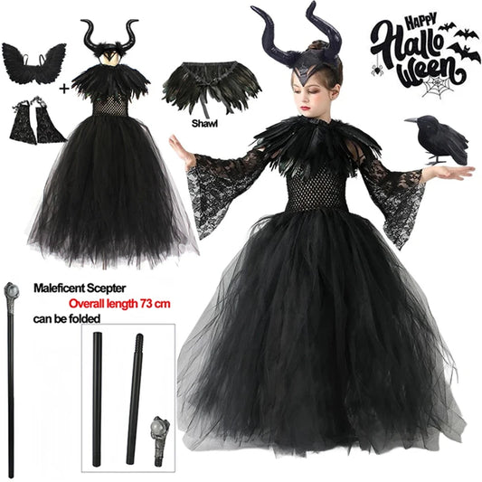 Halloween Costume Maleficent Tutu Dress For Girls Cosplay Evil Queen Black Mesh Princess Dress Kids Crow Wand Maleficent