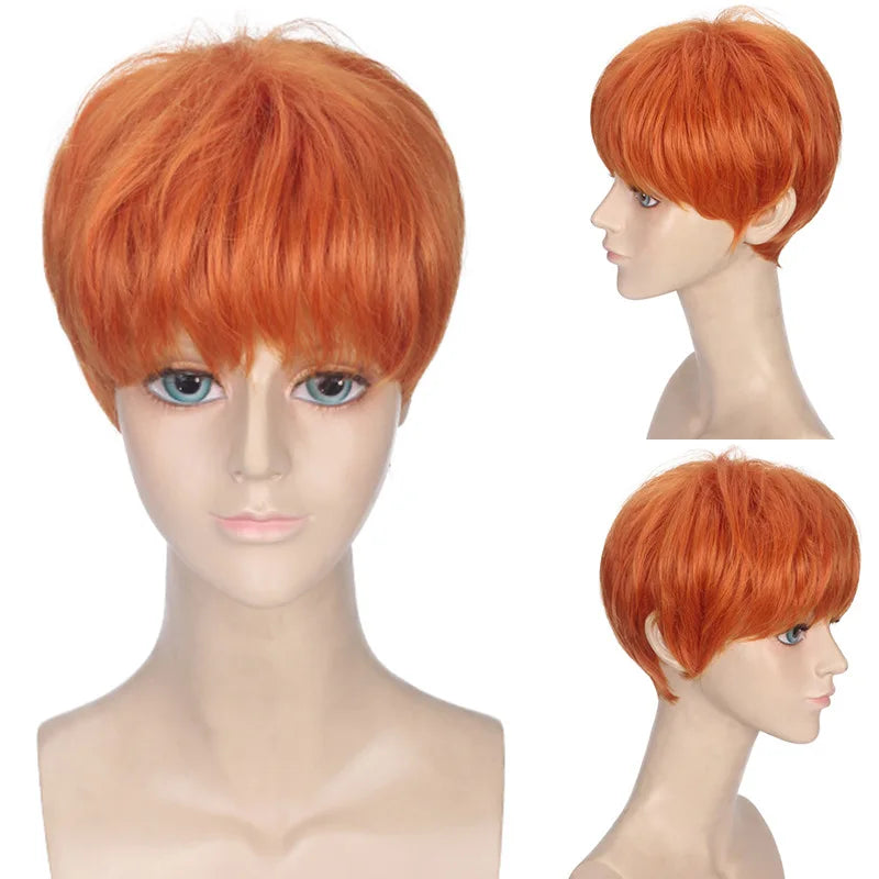 Synthetic Short Rainbow Wig Natural Straight For Men Orange Hair With Bangs Cosplay Anime Halloween Daily Wig