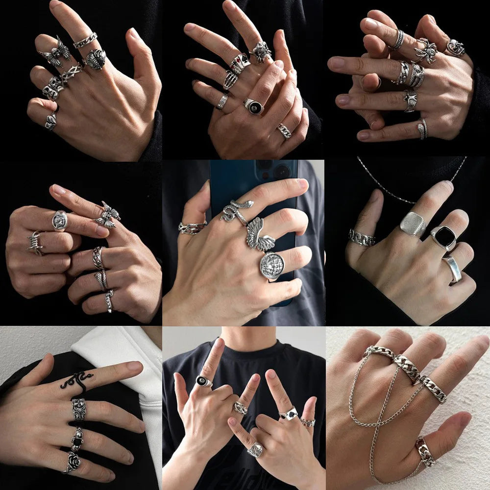 6Pcs Punk Poker Joker Silver Color Rings for Men Goth Skeleton Billiards Set Couple Emo Fashion Jewelry Gift