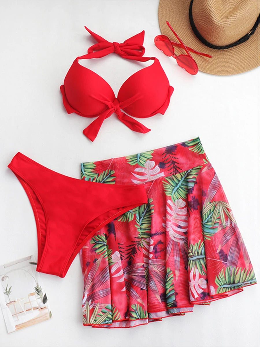 3 Piece Tropical Bikini Halter Push Up Swimsuit & Beach Shirt Swimwear Women 2024 Bathers Bathing Swimming Suit Female Beachwear